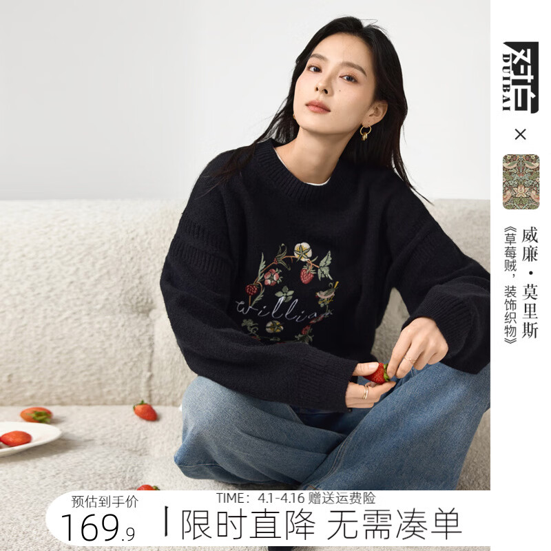 对白艺术画作联名设计感小众刺绣毛衣女2025冬新款慵懒软糯针织衫 静谧黑 L