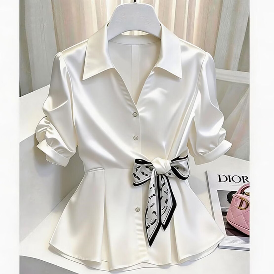 【品质甄选】女士雪纺衬衫女装夏季2026年新款短袖上衣收腰衬衣 白色 XL (110-120)斤