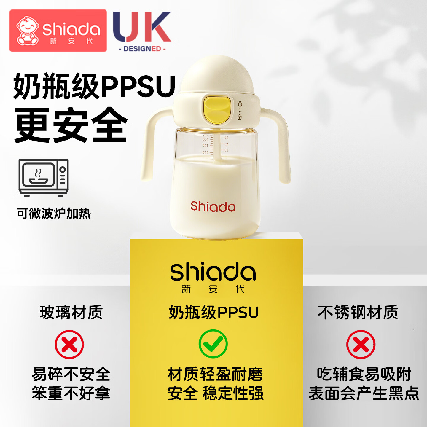 新安代儿童学饮杯PPSU牛奶杯1-3-6岁以上宝宝喝奶喝水杯学饮直饮吸管杯 【学饮期8月+】PPSU学饮杯（送杯刷） 360ml 【自带安全锁扣 防呛防胀 好吸不喷溅】