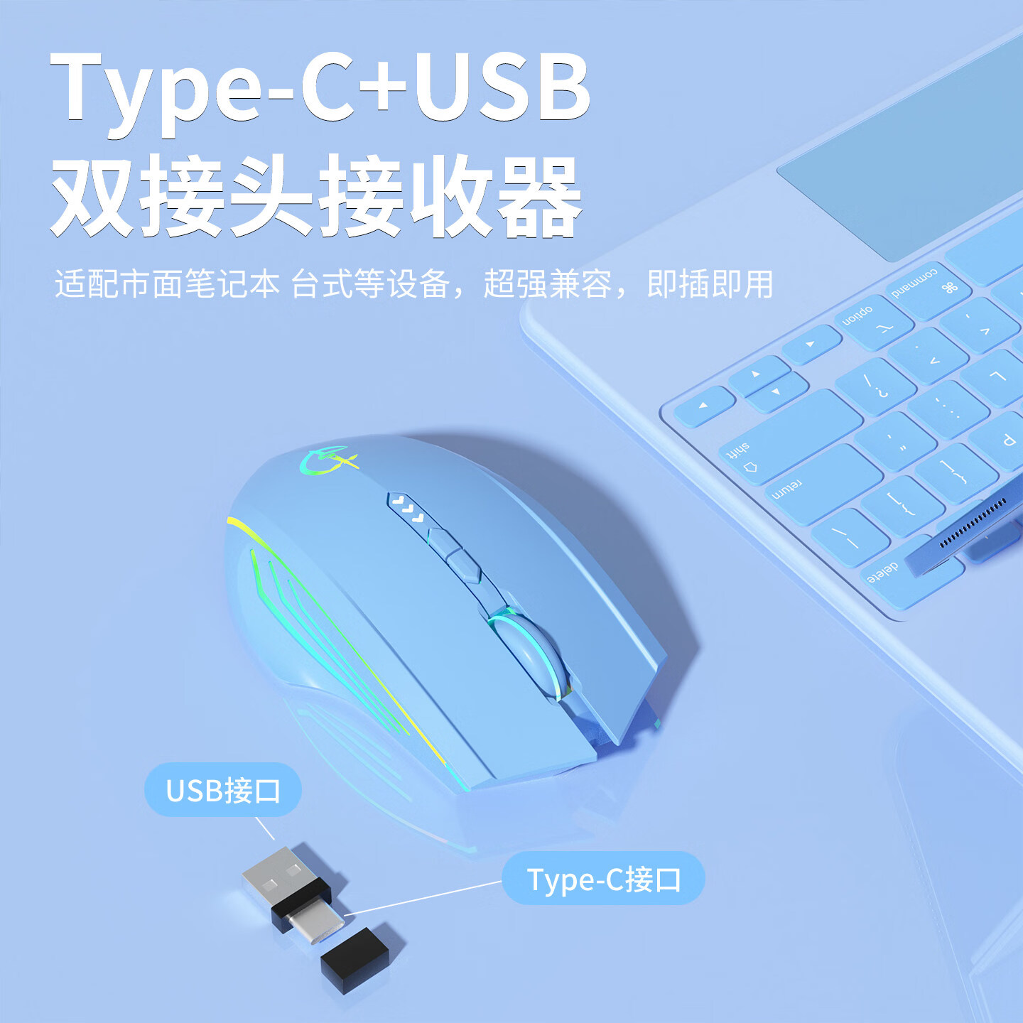 适用2026联想拯救者Y7000X/R9000P/R7000P游戏本鼠标电竞办公来酷斗战者战7000无线蓝牙静音充电 粉白渐变-单模-Typec+USB双接头