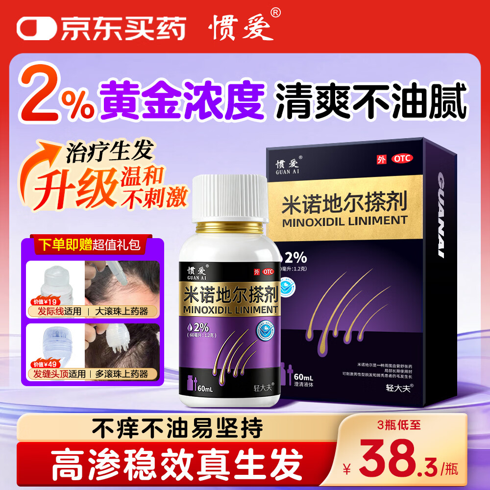 [惯爱]米诺地尔搽剂 2%*60ml 1盒装 官方正品米诺地尔2%女士专用治脱发高效生发育发斑秃发际线增长液搽剂清爽不油腻 体验装1瓶用1月