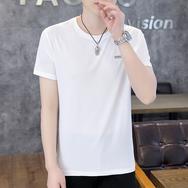 轩程短袖t恤男2026夏季薄款潮流圆领冰丝T恤男青年休闲百搭半袖上衣 白色 5XL (195) 170斤-195斤
