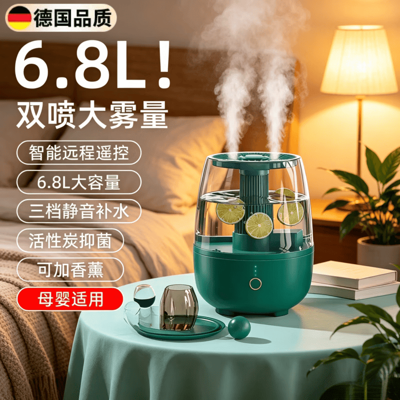 京厽德国加湿器大雾量6.8L大容量家用卧室孕妇婴儿空气办公室桌面喷雾香薰精油宿舍学生女生礼物2025新 2.2L绿色单喷双喷间接三档可调安防干烧温馨小夜灯