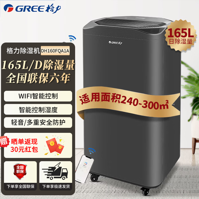 格力（GREE）除湿机家用客厅卧室智能除湿器轻音全屋祛味除潮湿气抽湿机室内吸湿机湿器地下室干燥机回南天除湿 165L/天 180-320㎡ DH160FQA1A
