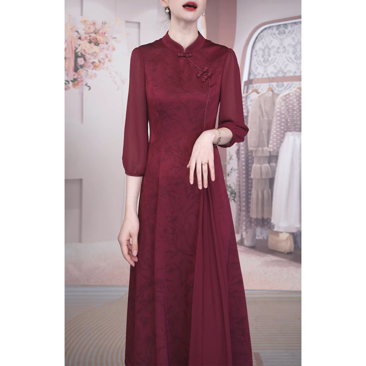 香影芬国风高档薄款七分袖连衣裙女2026春秋新款喜婆婆妈妈婚宴礼服裙子 图片色 3XL (建议131-140斤)