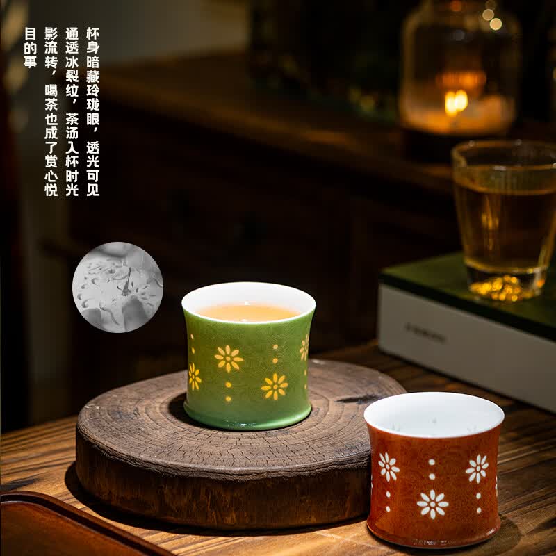 jdz景德镇主人杯纯手工品茗杯渐变扒花玲珑茶杯咖啡杯酒杯送礼旋转杯 檀砂