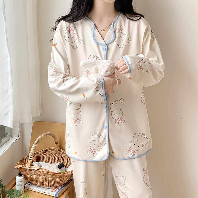 ROVO月子服孕妇睡衣套装可外穿产后哺乳衣夏季新款 浅蓝小兔 XL