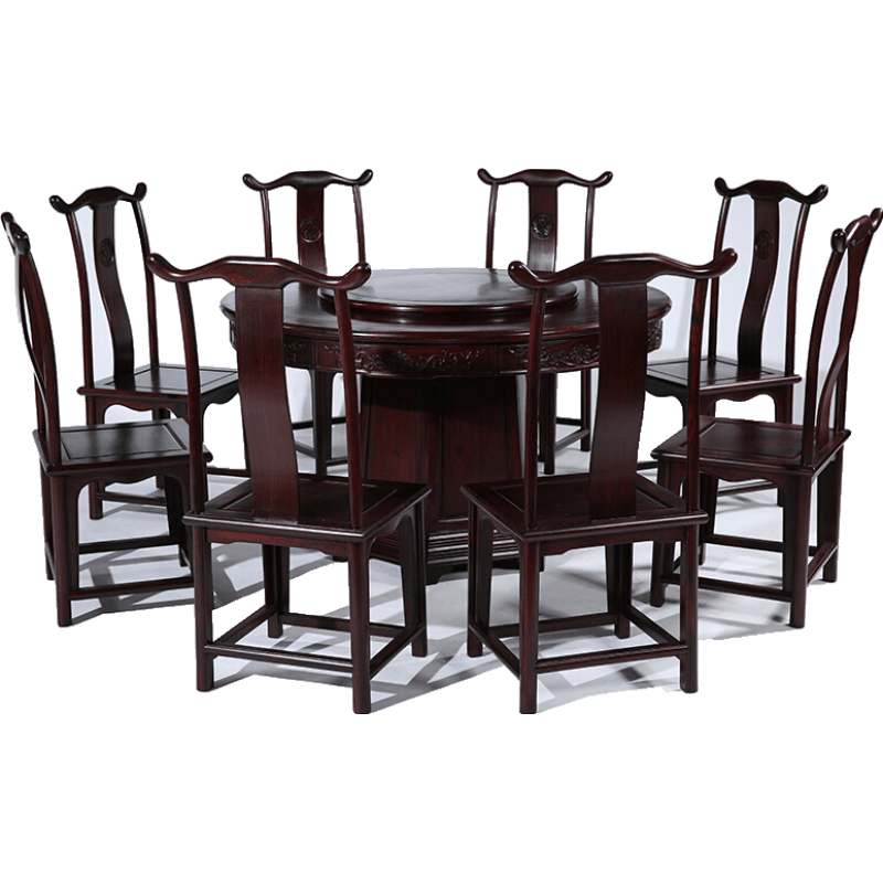 贡艺名居 血檀(学名:染料紫檀)圆餐桌实木客厅餐桌椅组合带转盘明式简约餐台 餐桌椅组合