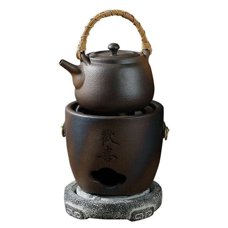 棉小城手编藤条提梁壶复古窑变釉炭火炉可明火仿柴烧烧水壶围炉煮茶套装 单炉【柴烧欢喜炭炉】+祥云垫