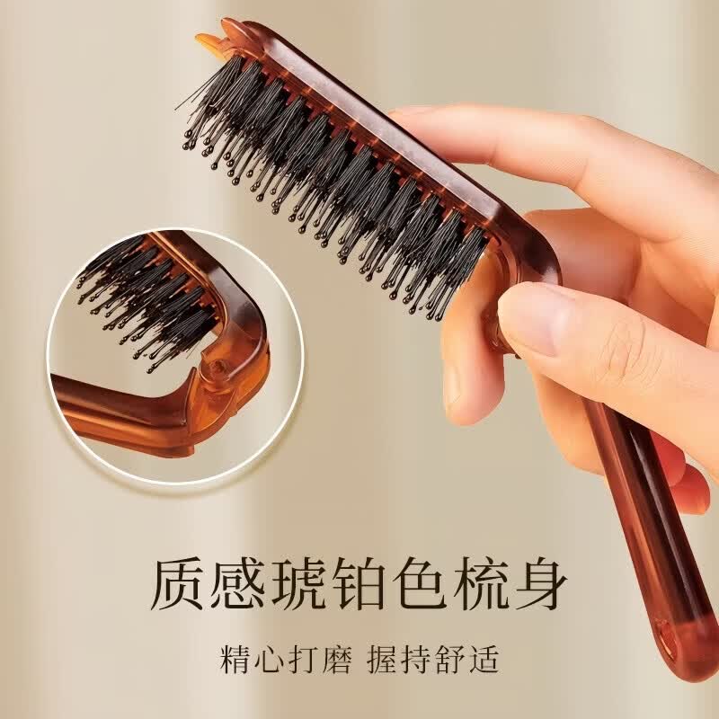 便携折叠猪鬃毛梳鬓角梳女士化妆盘发卷发蓬松造型美发打毛小梳子 猪鬃毛折叠梳-琥珀色-带耳朵款-3个