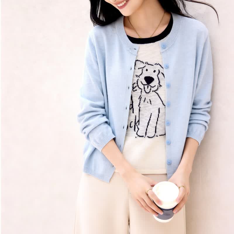 Basic House/百家好韩系温柔风假两件针织衫女宽松显瘦通勤小上衣 浅蓝 M