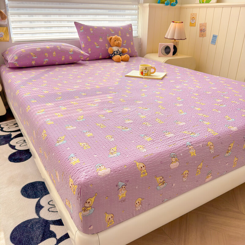 雅鹿A类双层纱床笠床罩单件席梦思床垫保护套罩宿舍全包床单四季通用 星星玩偶紫【A类面料 软糯松软】 150x200cm-单床笠