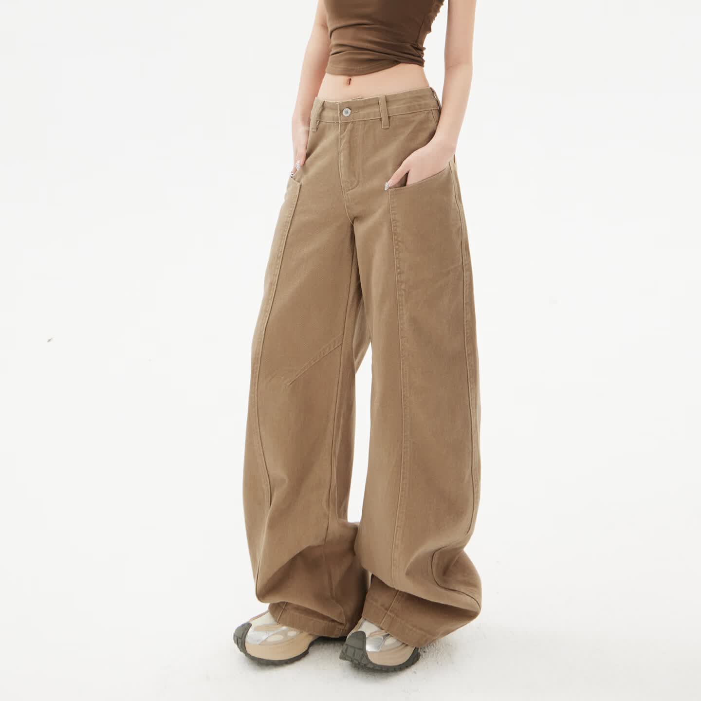 HDDD STUDIO复古卡其宽松阔腿裤镰刀裤百搭高街牛仔裤 卡其加长 常规 XL