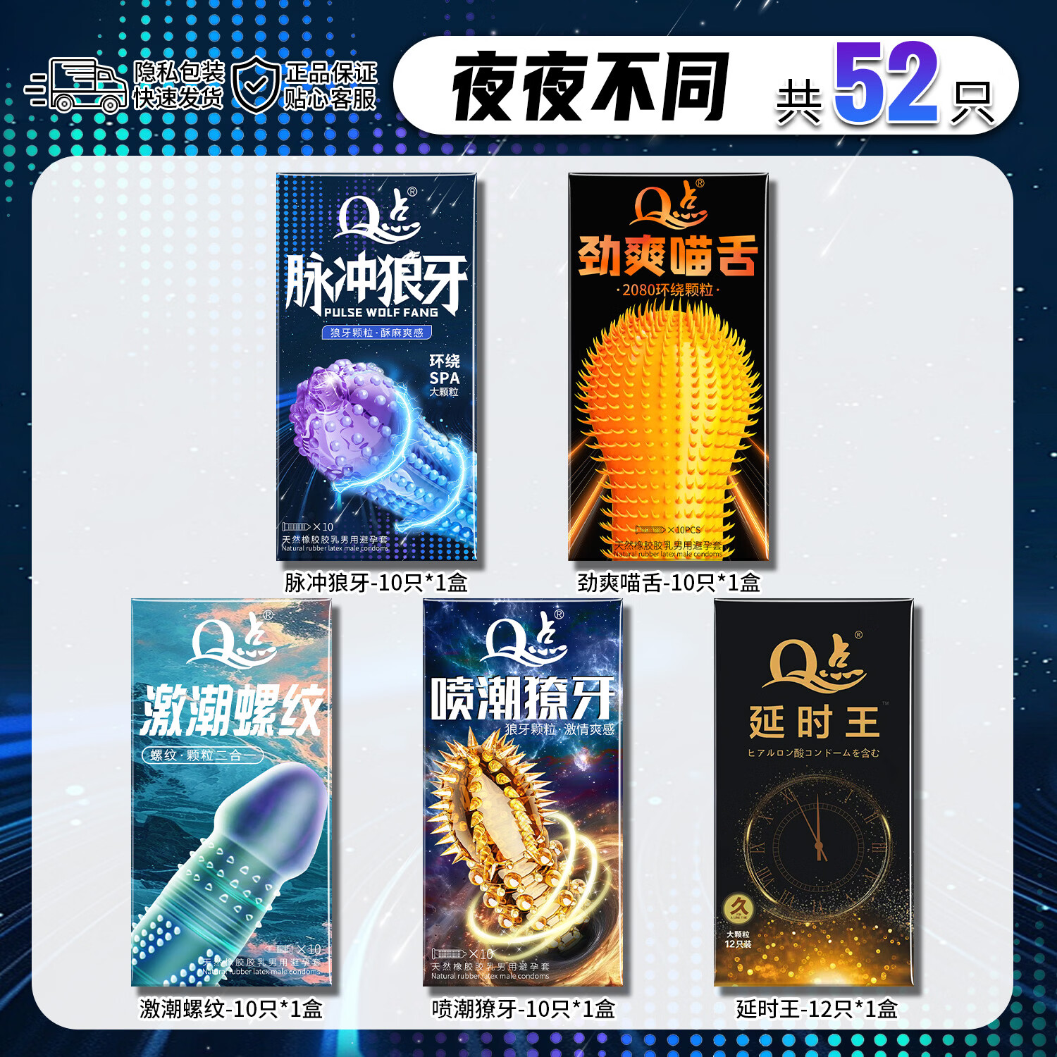 Q点高潮避孕套大颗粒安全套女性爆潮狼牙套情趣延时避孕套防早泄套套 【共52只】脉冲狼牙+劲爽猫舌+螺纹+喷潮+延时王