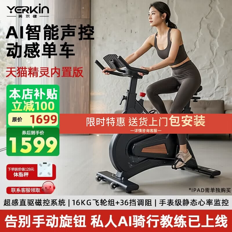 英尔健家用智能动感单车AI语音调阻自发电健身器材室内骑行训练器 天猫精灵款-20斤全包飞轮组