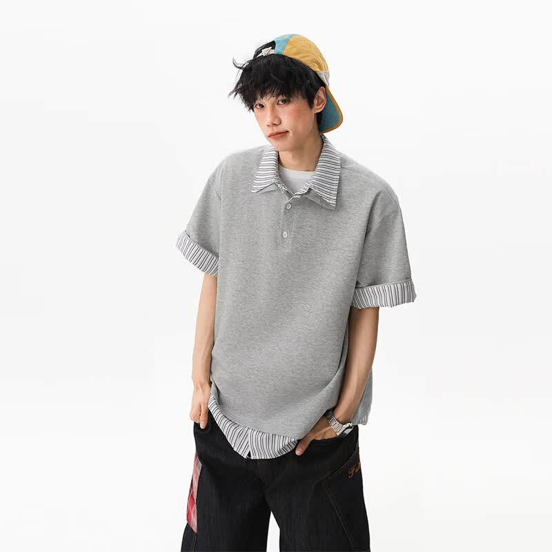 美式条纹假两件polo衫短袖男夏季潮牌重磅宽松百搭情侣半截袖T恤 灰色 XL 建议130-150斤