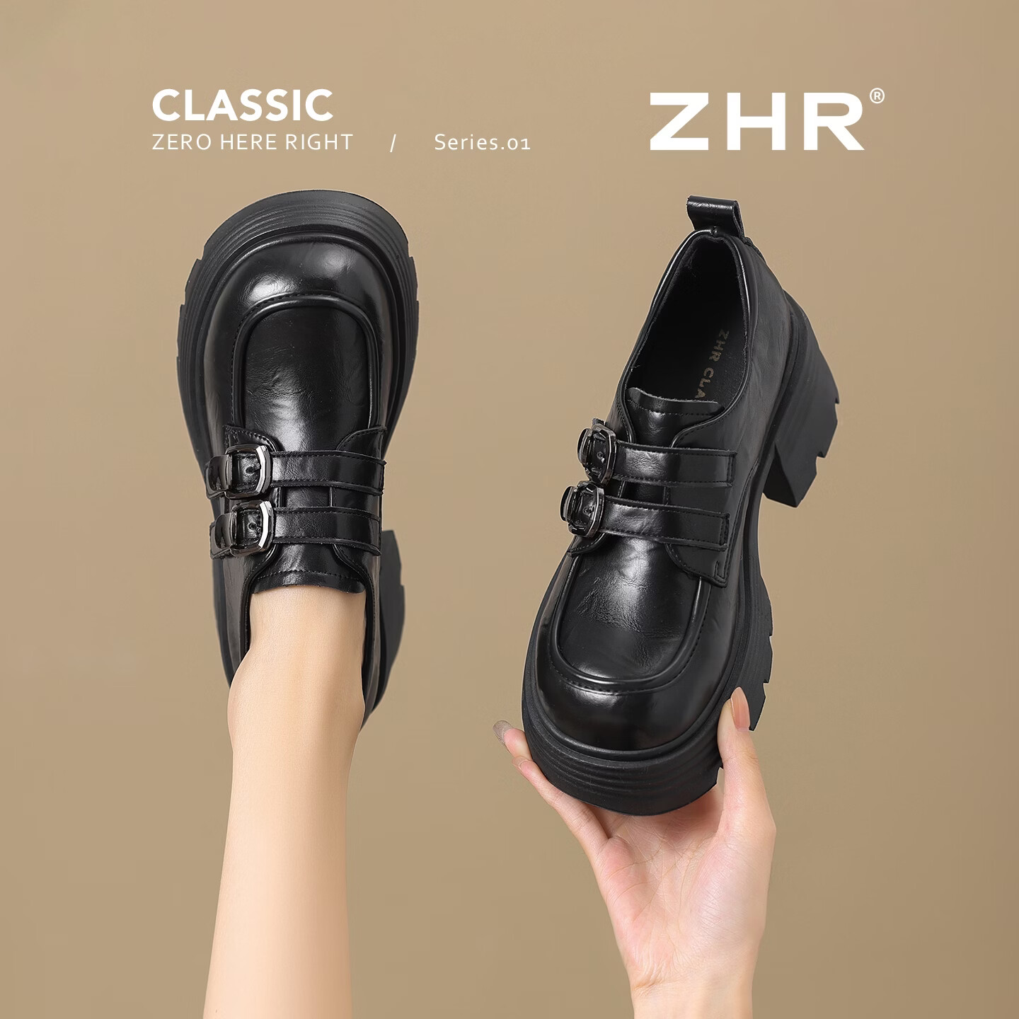 ZHR则则厚底乐福鞋女英伦风学院通勤皮带扣小皮鞋软底增高单鞋女 KH56 黑色 37