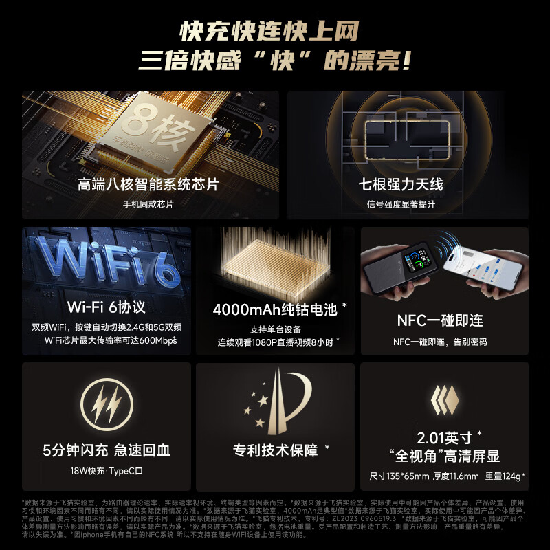 飞猫M50免插5G移动随身wifi6无线网卡便携热点5g路由器无限笔记本电脑通用流量卡托NFC车载随行上网宝 飞猫M50（双网免插卡）
