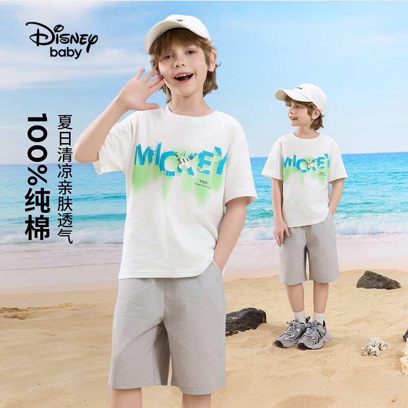 迪士尼（Disney）童装男女童纯棉短袖t儿童圆领时尚短袖T恤上衣2026夏季新款中大童 本白 160 高155-160cm重85-100斤