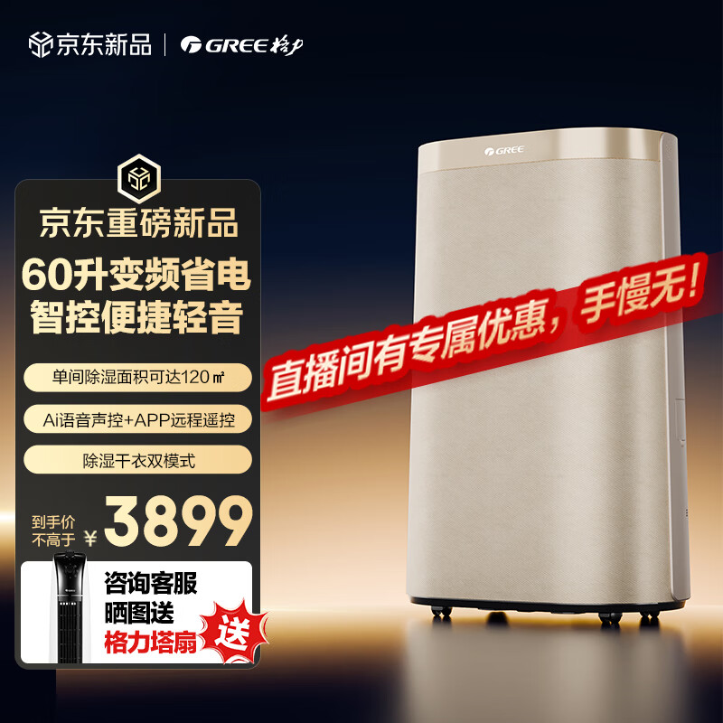 格力双变频除湿机家用抽湿防潮霉干衣Ai智能语音离子净化香薰盒轻音节能60升/天DH60FTA1A(WIFI)