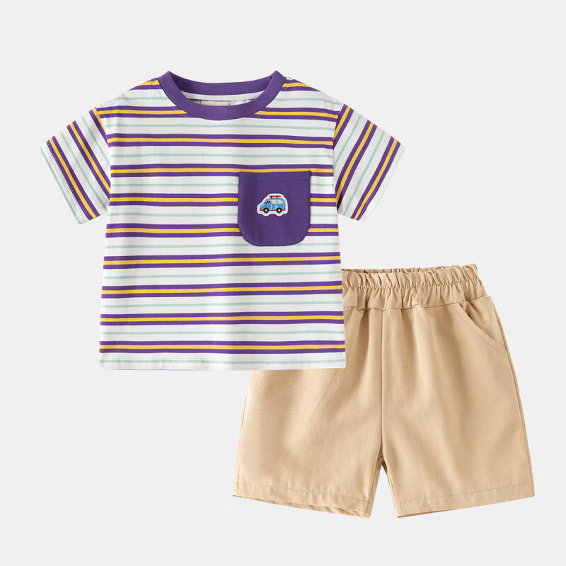 WELLKIDS男宝宝夏季透气纯棉衣服男童短袖短裤套装运动T恤上衣潮 紫口袋+卡其裤 90