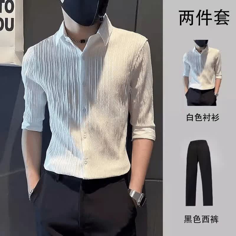 JPUZ男装衬衫纯色五分袖衬衣免烫修身春秋季夏季中袖无口袋衬衫男款 套装【白衫+西裤】 M 【建议90-110斤】
