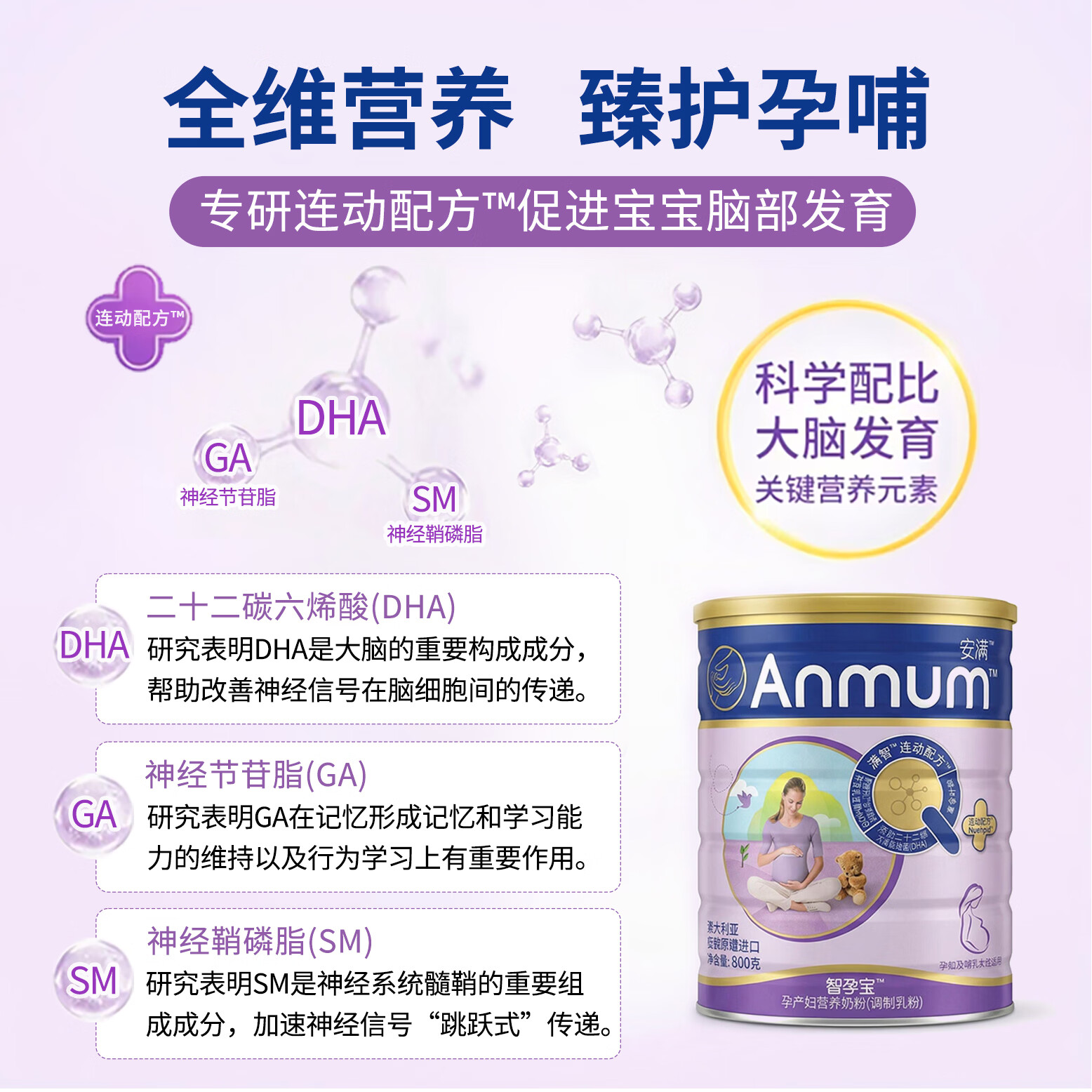 ANMUM安满智孕宝孕产妇奶粉 叶酸益生菌DHA 备孕期孕期哺乳期乳粉800g 孕产妇营养备孕孕期奶粉3罐