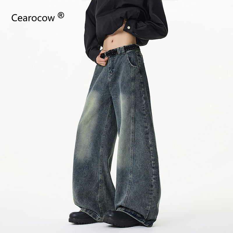 CEAROCOW美式弯刀牛仔裤复古拖地阔腿长裤男春季潮牌cleanfit水洗做旧裤子 复古蓝 XL [建议110-130斤] 京东折扣/优惠券