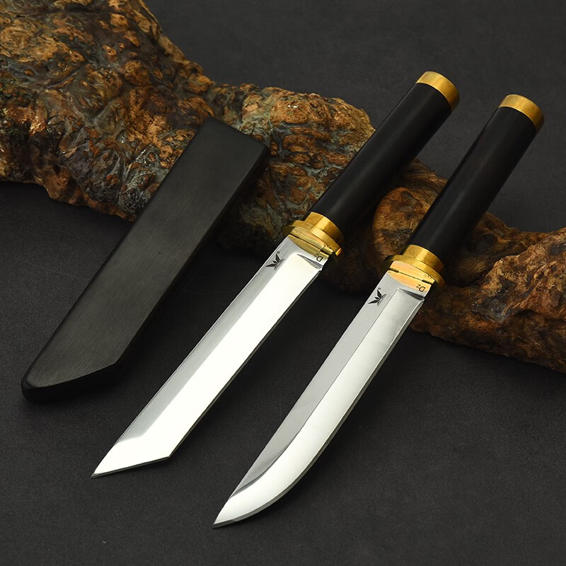 d2钢高硬度手工开刃刀子防身随身小直刀户外刀具一体龙骨黑檀木刀鞘