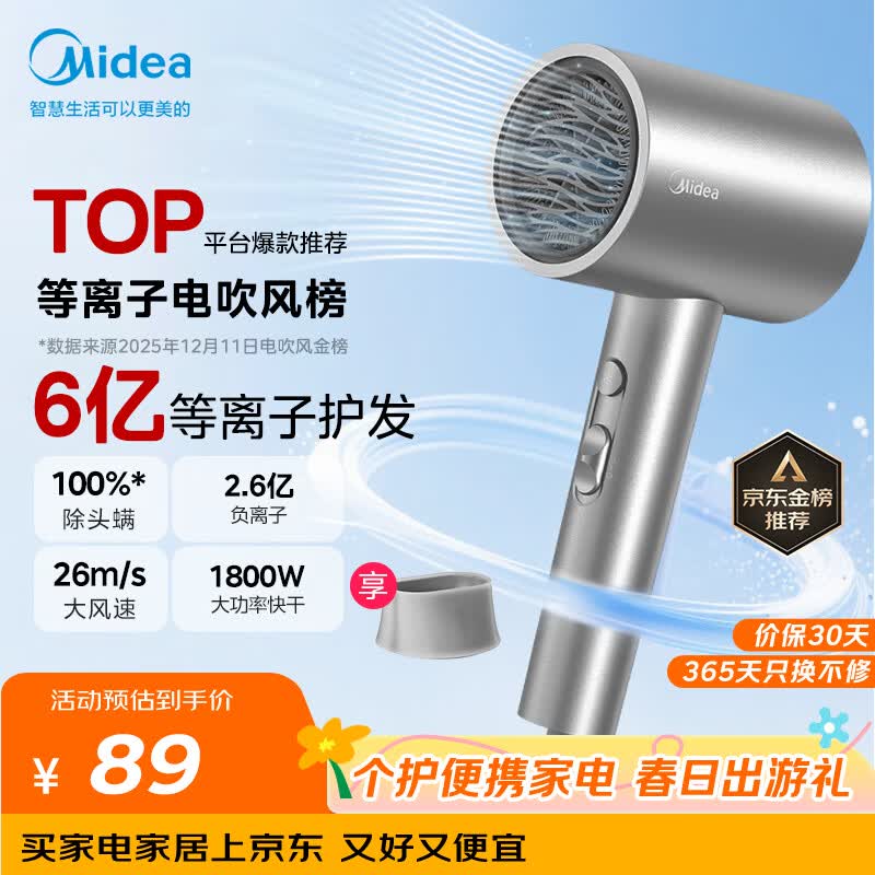 美的（Midea）6亿等离子护发电吹风 家用负离子护发吹风筒 1800W大功率快干吹风机 FJ308银 国家补贴 生日礼物