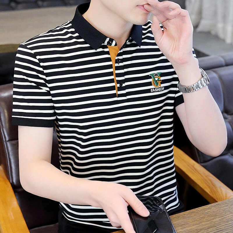 袋鼠（DAISHU）条纹polo衫男2026新款夏季上衣短袖t恤潮牌高端夏装半袖体恤衣服 J-938白色 5XL 约185-195斤可穿