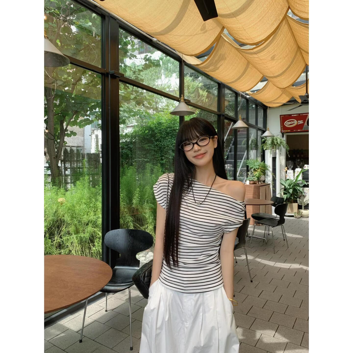 【源头直采】条纹露肩斜领短袖T恤女辣妹纯欲风显瘦气质女装上衣 条纹 XL