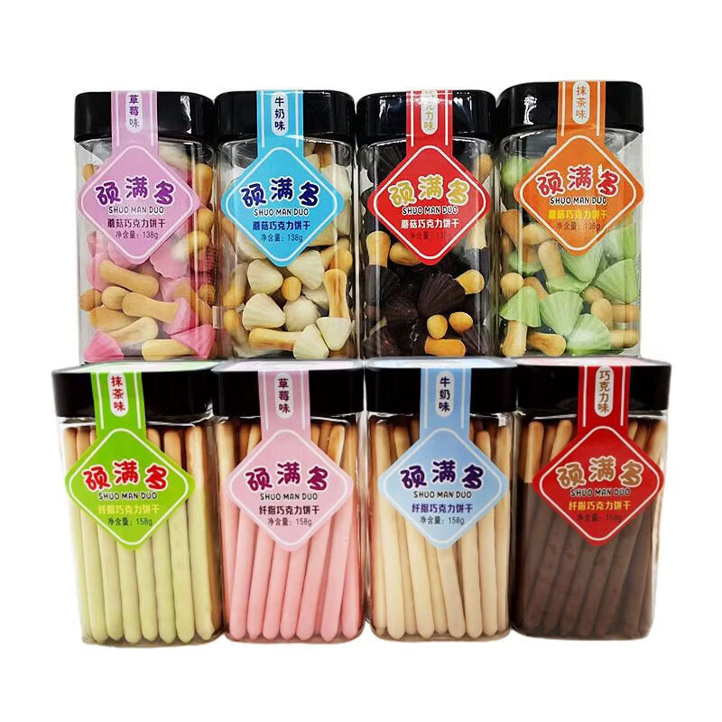 硕满多手指饼干涂层巧克力长条棒蘑菇型饼干烘焙装饰蛋糕零食商用整��� 长条彩虹棒【158克】 草莓味*12罐