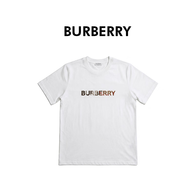 BURBERRY巴宝莉女士白色棉质格纹字母刺绣圆领短袖T恤81130221 S 礼物