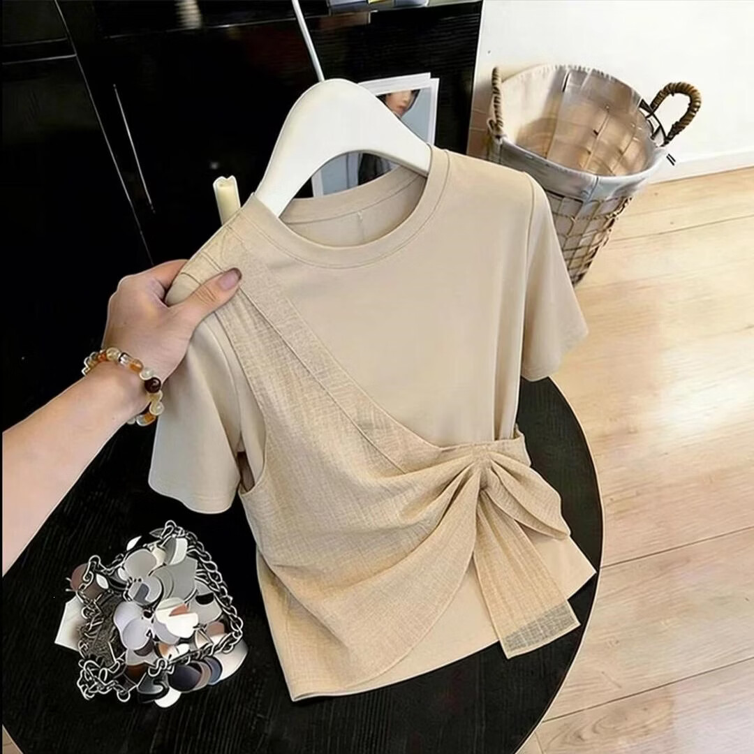 【甄选品质】爆款2026夏季新款时尚减龄拼接不规则设计感短袖T恤 卡其色 XL 建议【115-130斤】
