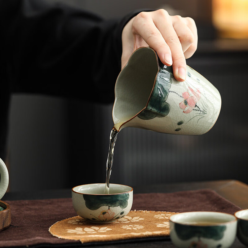 UNBO尊品精铸哥窑手绘家用中式功夫茶具套组高端陶瓷泡茶壶茶杯整 手绘哥窑-提梁壶-山水套 16件
