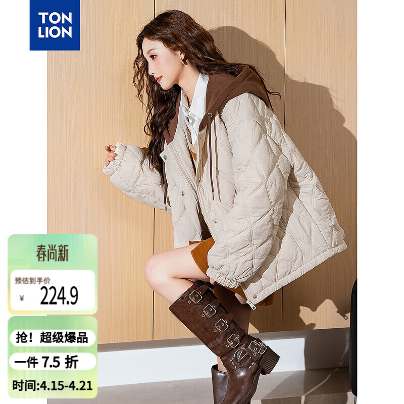 唐狮（TonLion）2026新款连帽棉衣女外套夹棉假两件短款百搭菱形格棉袄