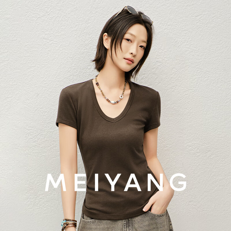 美洋（MEIYANG）随心搭短袖T 绵羊毛混纺_小心机V领宽松上衣-周三 咖色 L