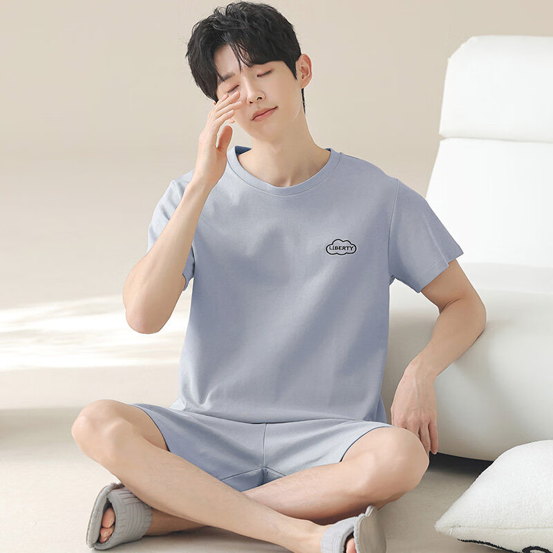 雅鹿睡衣男士2026新款100%纯棉休闲薄款短袖短裤夏季家居服套装 NSWR-0227蓝灰色 【100%纯棉】 2XL 【推荐体重155-175斤】