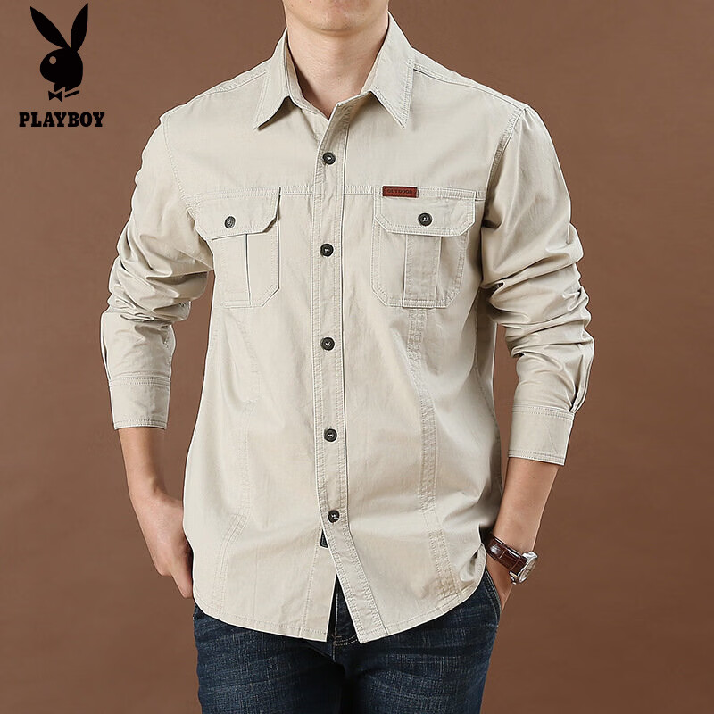 花花公子（PLAYBOY）秋季男士工装上衣衬衣休闲潮牌春秋款宽松翻领长袖 米白色 L