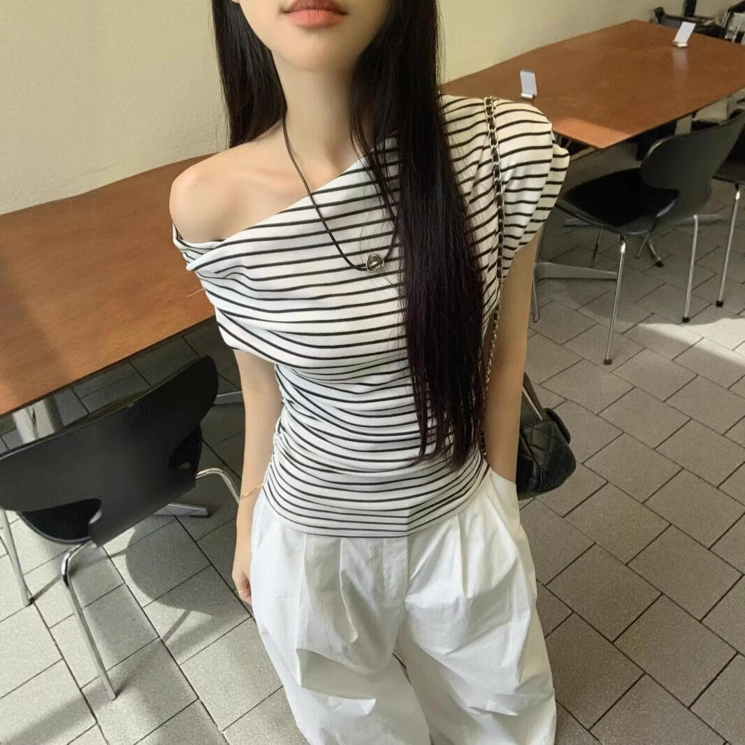 【源头直采】条纹露肩斜领短袖T恤女辣妹纯欲风显瘦气质女装上衣 条纹 XL