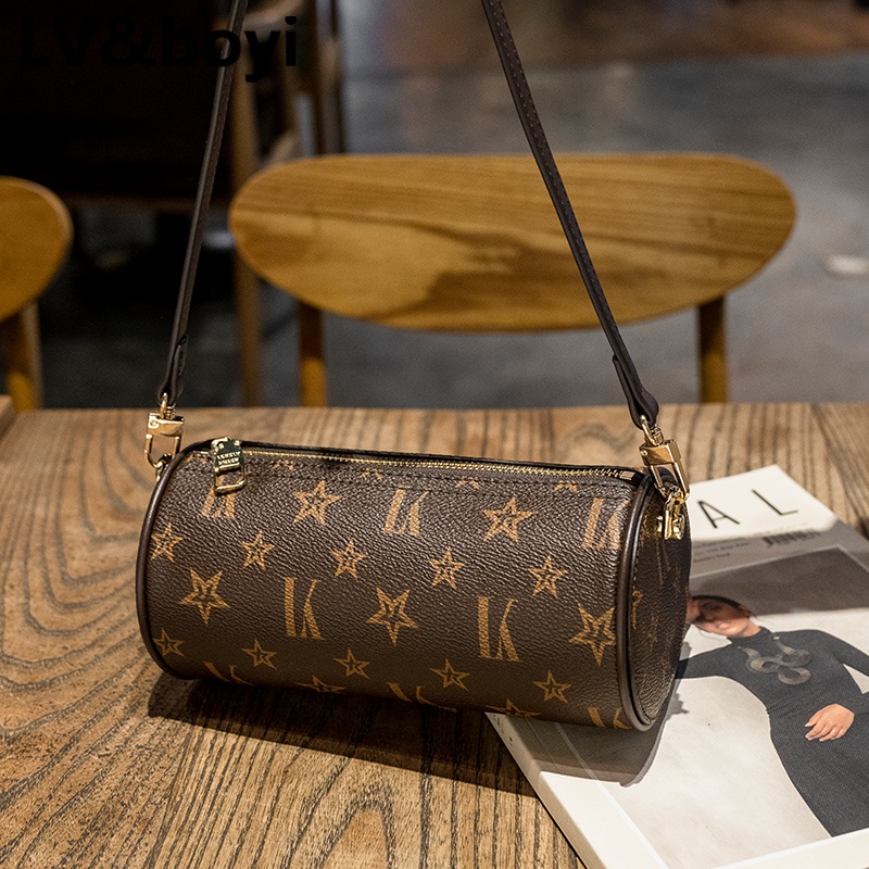 lvboyi包包轻奢女包2023新款圆筒链条包小包精致老花单肩斜挎包 咖啡