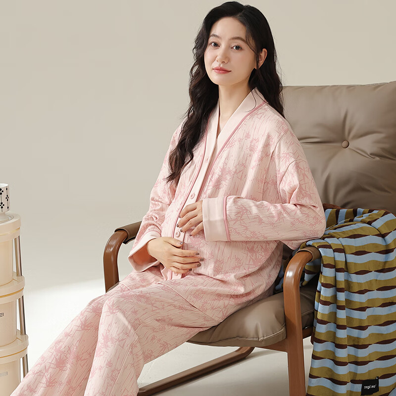 ROVO月子服产妇夏季薄款产妇孕妇睡衣套装产后哺乳家居服带胸垫 米色印花 L