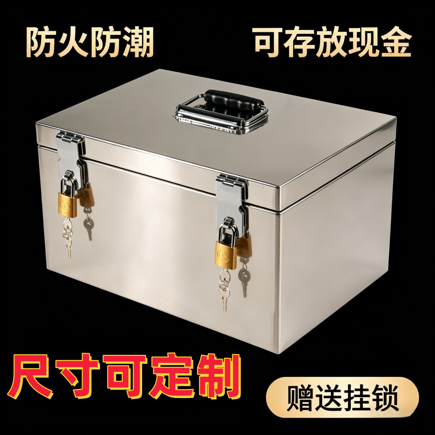尤克达蒂收纳箱加厚不锈钢箱子装钱盒防火保管箱带锁密码存钱箱财务工具箱 加厚双挂锁 36*25*20cm （装50万）