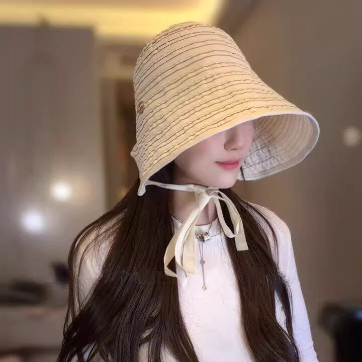 【轻奢品质】防晒遮阳帽女夏条纹渔夫帽户外显脸小太阳帽时尚 奶油米【条纹系带款】