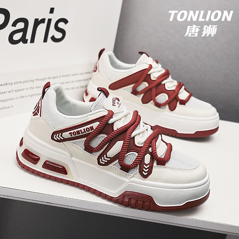 唐狮(TonLion)女鞋2026新款春夏季时尚百搭厚底鞋子女款网面透气运休闲鞋 红白TS20234012W 35