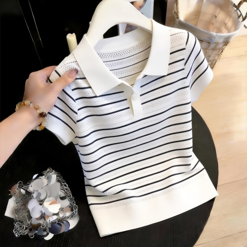 法式条纹POLO领短袖针织衫女2026春夏新款设计感镂空修身显瘦上衣 白色 XL 115-130斤