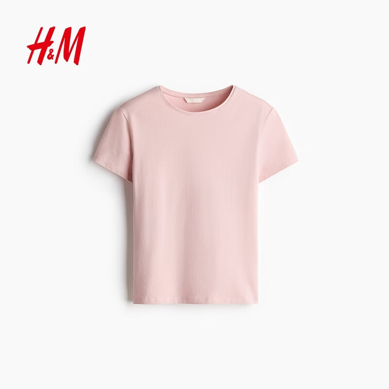 H&amp;M女装T恤夏季时尚洋气内搭休闲圆领修身短袖简约风T恤1260200 浅粉色 M 165/96