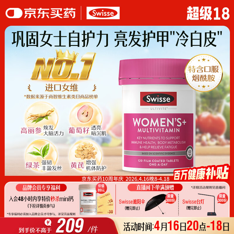Swisse斯维诗 女士复合维生素 维B维D维C维E烟酰胺钙铁锌营养包120片/瓶