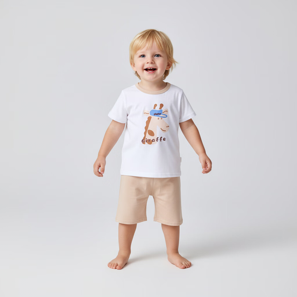 小猪大卫 PECODAVID儿童七分套夏季纯棉A类男女宝宝居家服薄款短袖短裤套装 酷帽长颈鹿 短袖套 90